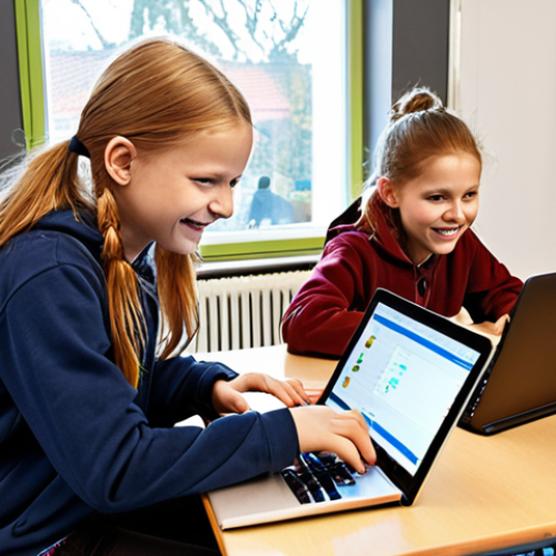 **Image Prompt:** A classroom scene in a bright, modern Swedish school. Children of various ages are gathered around laptops and tablets, some smiling and collaborating on a coding project. The teacher is assisting a student with debugging. The atmosphere is collaborative and encouraging. Consider adding a "Hour of Code" poster in the background. Style: Clean, contemporary, educational illustration.