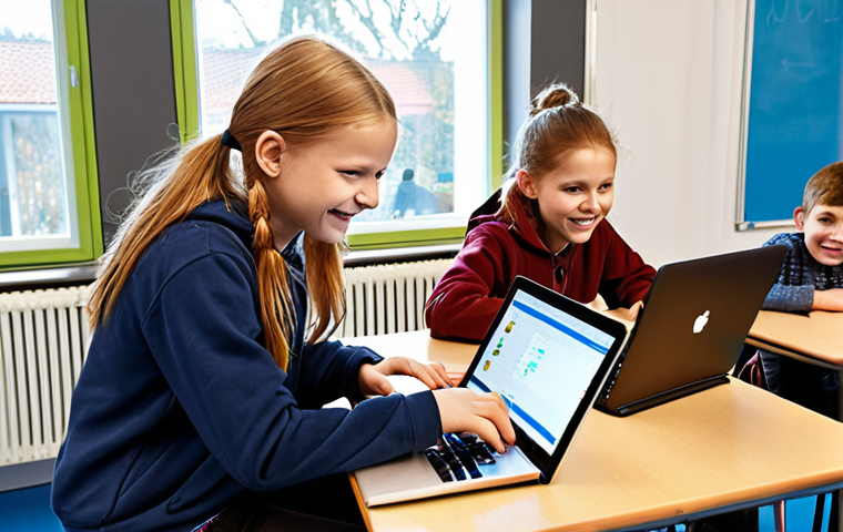 **Image Prompt:** A classroom scene in a bright, modern Swedish school. Children of various ages are gathered around laptops and tablets, some smiling and collaborating on a coding project. The teacher is assisting a student with debugging. The atmosphere is collaborative and encouraging. Consider adding a "Hour of Code" poster in the background. Style: Clean, contemporary, educational illustration.