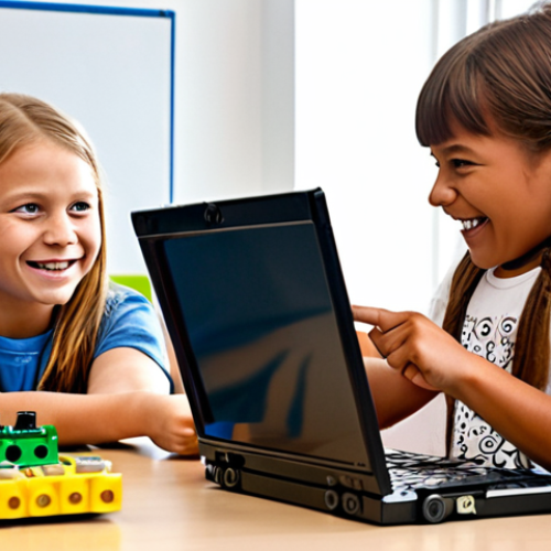 **

A group of children in a brightly lit, modern Swedish classroom are enthusiastically gathered around laptops, working on a Scratch project. One child is pointing at the screen, explaining something to another. LEGO WeDo robots are visible in the background. The atmosphere is collaborative and fun, with smiles all around. The overall style should be colorful and inviting, reflecting the joy of learning.

**