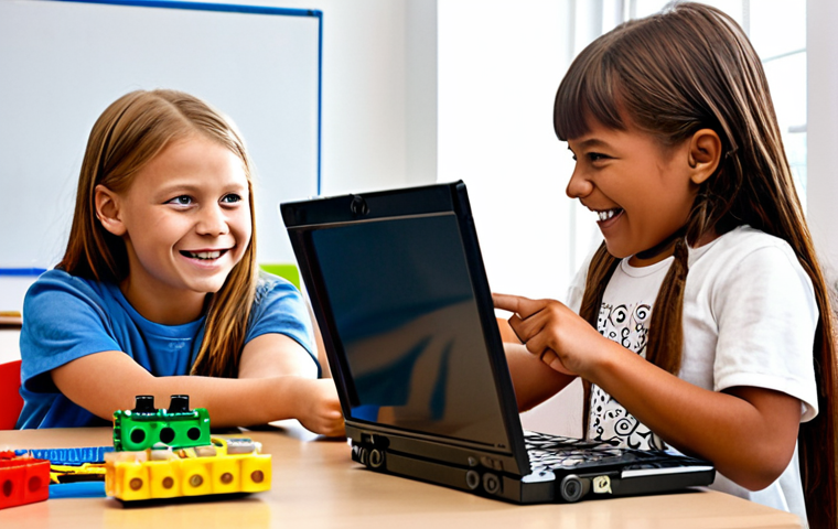 **

A group of children in a brightly lit, modern Swedish classroom are enthusiastically gathered around laptops, working on a Scratch project. One child is pointing at the screen, explaining something to another. LEGO WeDo robots are visible in the background. The atmosphere is collaborative and fun, with smiles all around. The overall style should be colorful and inviting, reflecting the joy of learning.

**