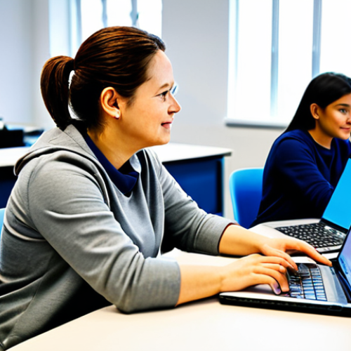 A professional code education instructor, fully clothed in modest business casual attire, stands in a bright, modern tech classroom or workshop, actively guiding a diverse group of adult students who are seated at individual desks with laptops. The students are also fully clothed in appropriate, contemporary attire, engaged in learning and collaboration. The environment is clean, well-lit with natural light, depicting a positive and professional learning atmosphere. This image is safe for work, appropriate content, family-friendly, with perfect anatomy, correct proportions, natural pose, well-formed hands, proper finger count, natural body proportions, and high-quality professional photography.