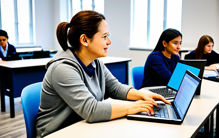 A professional code education instructor, fully clothed in modest business casual attire, stands in a bright, modern tech classroom or workshop, actively guiding a diverse group of adult students who are seated at individual desks with laptops. The students are also fully clothed in appropriate, contemporary attire, engaged in learning and collaboration. The environment is clean, well-lit with natural light, depicting a positive and professional learning atmosphere. This image is safe for work, appropriate content, family-friendly, with perfect anatomy, correct proportions, natural pose, well-formed hands, proper finger count, natural body proportions, and high-quality professional photography.