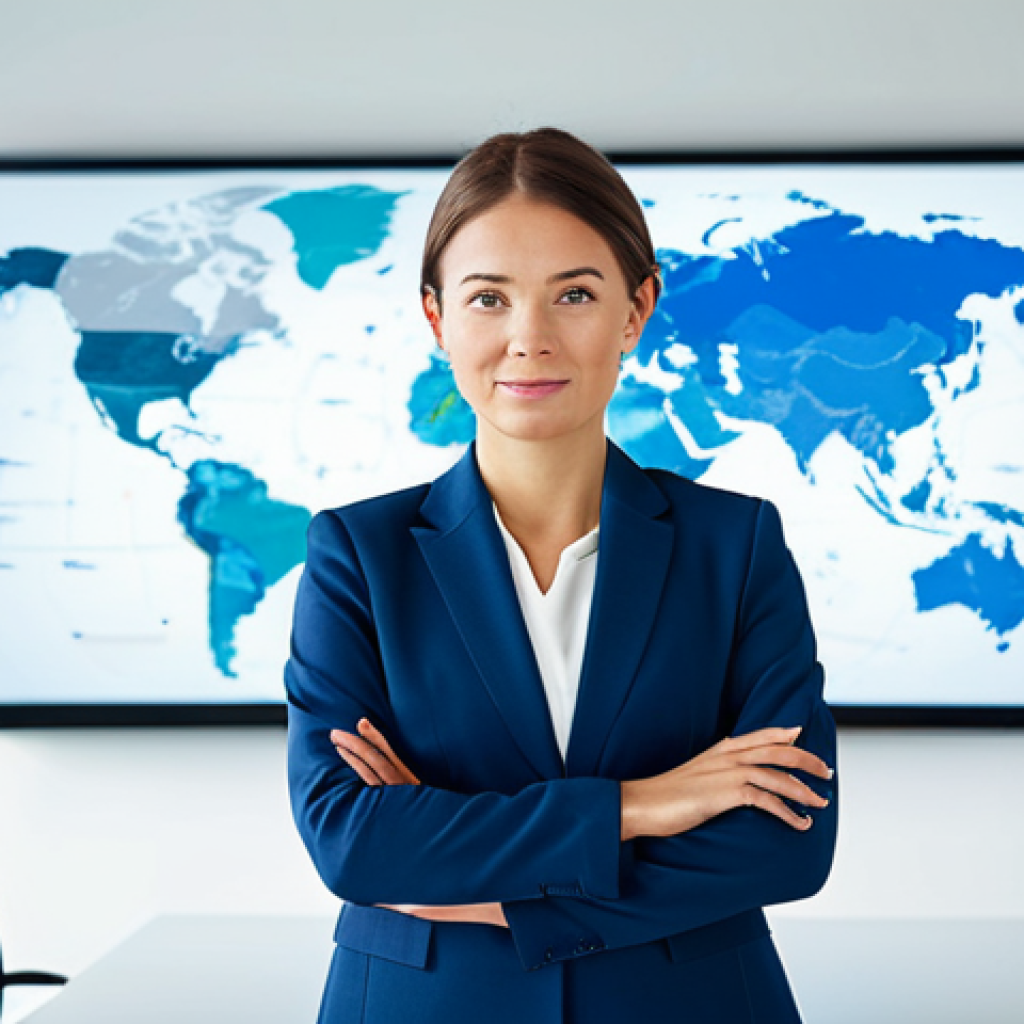 A confident professional woman in a crisp, modest business suit, standing in a bright, contemporary open-plan office. She is looking towards a large holographic display showing a world map with interconnected digital lines and various international certification logos, symbolizing global opportunities and verified competence. Her posture is natural and engaged. The background is clean and subtly blurred, featuring modern office furniture and natural light. fully clothed, appropriate attire, professional dress, safe for work, appropriate content, professional, perfect anatomy, correct proportions, natural pose, well-formed hands, proper finger count, natural body proportions, professional photography, high quality, sharp focus, clean lines, corporate environment.