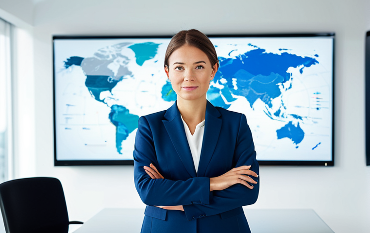 A confident professional woman in a crisp, modest business suit, standing in a bright, contemporary open-plan office. She is looking towards a large holographic display showing a world map with interconnected digital lines and various international certification logos, symbolizing global opportunities and verified competence. Her posture is natural and engaged. The background is clean and subtly blurred, featuring modern office furniture and natural light. fully clothed, appropriate attire, professional dress, safe for work, appropriate content, professional, perfect anatomy, correct proportions, natural pose, well-formed hands, proper finger count, natural body proportions, professional photography, high quality, sharp focus, clean lines, corporate environment.