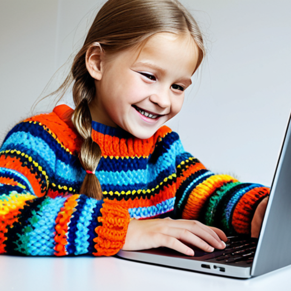 **
"A young girl, around 10 years old, fully clothed in a colourful, hand-knitted Swedish sweater and jeans, is smiling as she works on a Scratch programming project on her laptop at a bright, modern desk. The room has playful, Scandinavian design elements. Safe for work, appropriate content, family-friendly, perfect anatomy, correct proportions, natural pose, professional illustration, high quality."
**