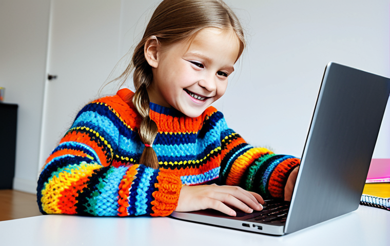 **
"A young girl, around 10 years old, fully clothed in a colourful, hand-knitted Swedish sweater and jeans, is smiling as she works on a Scratch programming project on her laptop at a bright, modern desk. The room has playful, Scandinavian design elements. Safe for work, appropriate content, family-friendly, perfect anatomy, correct proportions, natural pose, professional illustration, high quality."
**