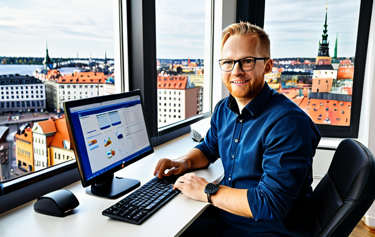 Modern Stockholm Office Scene**
"A professional software engineer, fully clothed in a modern, stylish business casual outfit appropriate for a Stockholm office, is working at a clean desk with multiple monitors. The office has large windows overlooking a bright, sunny cityscape of Stockholm. Natural lighting, perfect anatomy, correct proportions, well-formed hands, proper finger count, natural body proportions, safe for work, appropriate content, professional, modest, family-friendly, high resolution, professional photography."
**