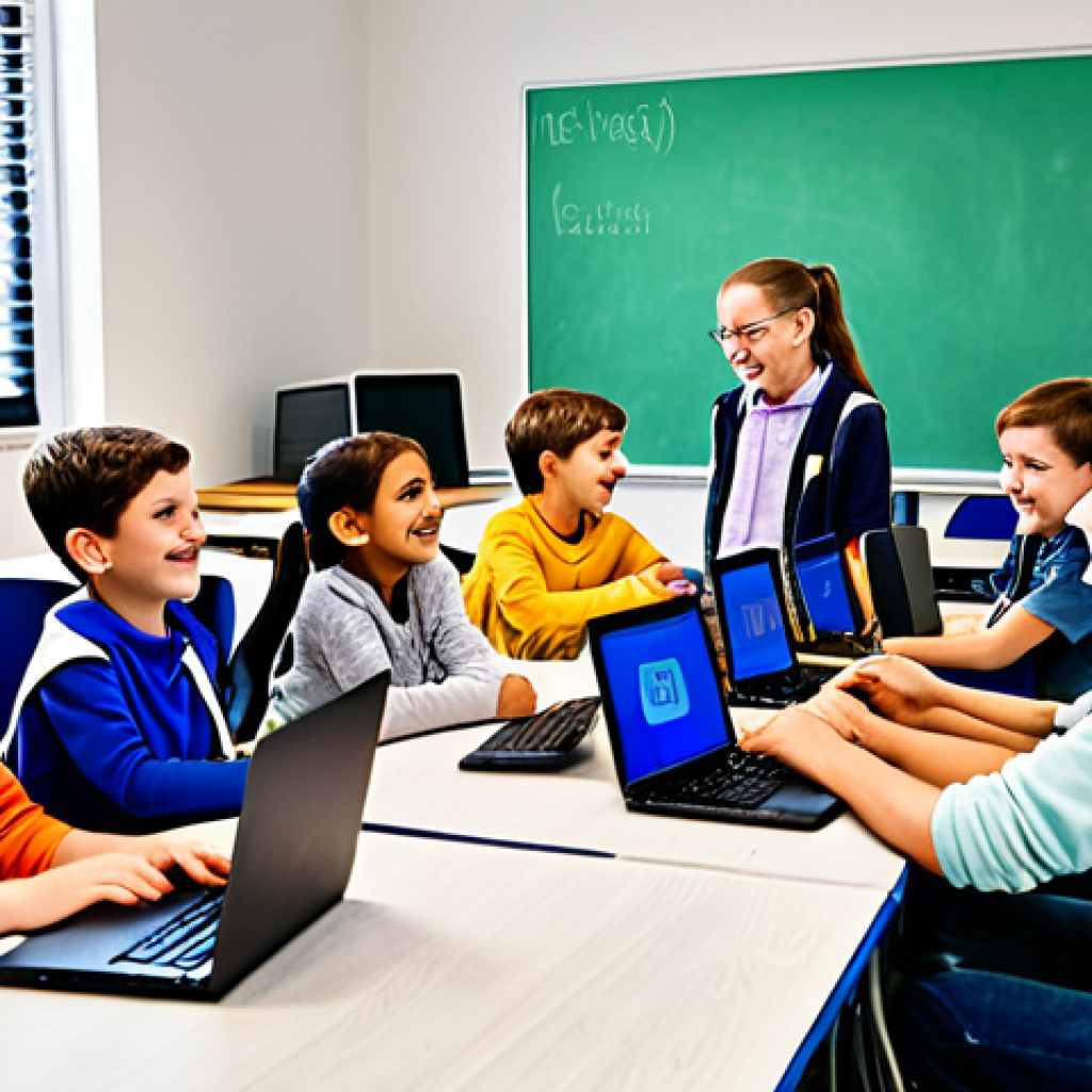 Coding Workshop for Kids**

"A brightly lit classroom scene. Several children (ages 8-12) are gathered around laptops, fully clothed in casual, comfortable attire. They are smiling and engaged, learning to code with a friendly instructor present. The classroom is decorated with colorful posters related to STEM and computer science. The atmosphere is positive and encouraging. Safe for work, appropriate content, fully clothed, family-friendly, perfect anatomy, correct proportions, natural pose, well-formed hands, proper finger count, professional photography, high quality."

**