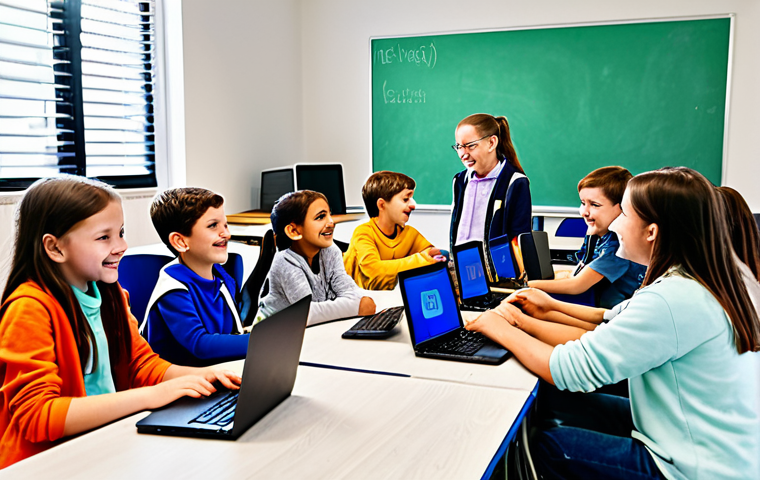 Coding Workshop for Kids**
"A brightly lit classroom scene. Several children (ages 8-12) are gathered around laptops, fully clothed in casual, comfortable attire. They are smiling and engaged, learning to code with a friendly instructor present. The classroom is decorated with colorful posters related to STEM and computer science. The atmosphere is positive and encouraging. Safe for work, appropriate content, fully clothed, family-friendly, perfect anatomy, correct proportions, natural pose, well-formed hands, proper finger count, professional photography, high quality."
**