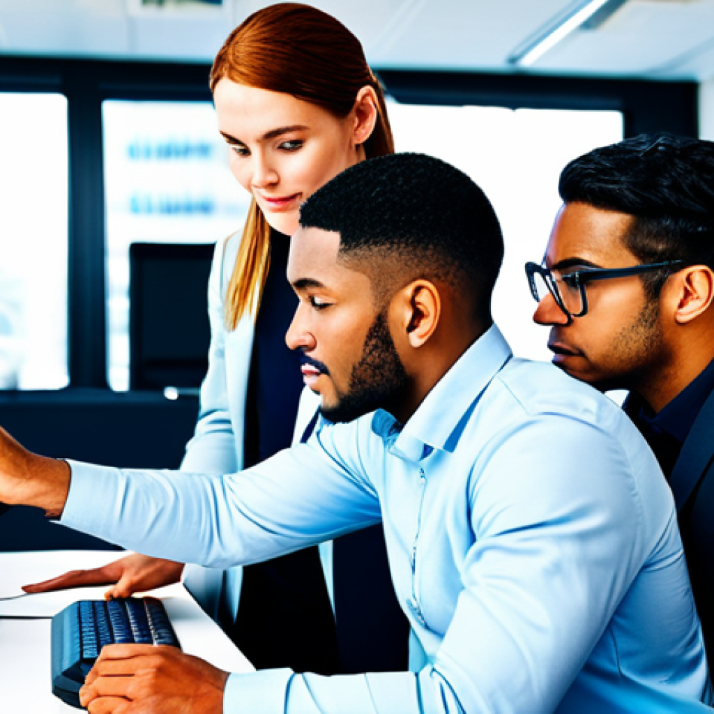 "A diverse team of professionals collaborating on a coding project in a modern, brightly lit office, fully clothed, appropriate attire, safe for work, perfect anatomy, natural proportions, professional environment, high quality, showcasing teamwork and innovation."