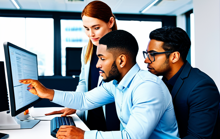 "A diverse team of professionals collaborating on a coding project in a modern, brightly lit office, fully clothed, appropriate attire, safe for work, perfect anatomy, natural proportions, professional environment, high quality, showcasing teamwork and innovation."