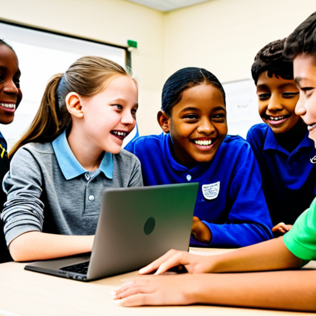 코딩교육지도사로서 학생 수준별 교육 전략 - **Prompt:** A diverse group of upper elementary students collaborating on a Scratch project in a bri...