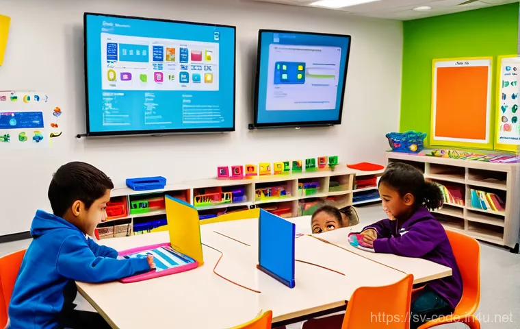 코딩교육지도사와 학습 환경 조성 - **Prompt 1: Early Coding Exploration**
A group of diverse children, aged 6-10, are actively enga...