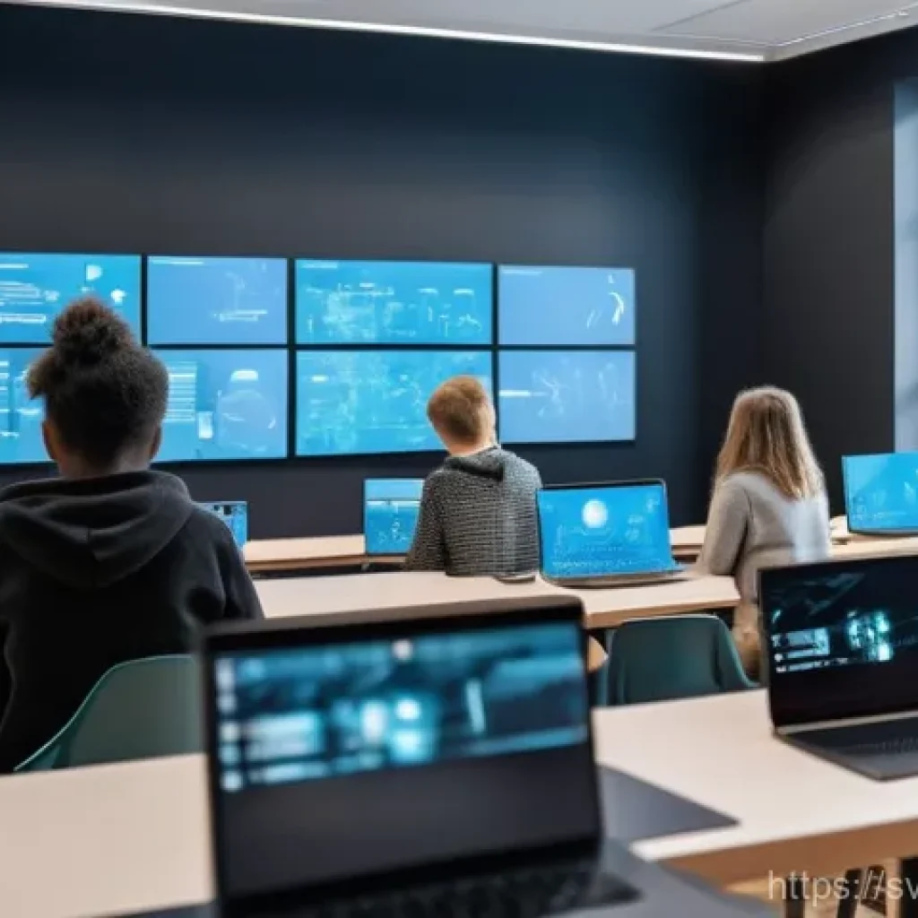 코딩교육지도사와 AI 윤리 교육 - A vibrant and modern digital classroom filled with a diverse group of young adults and teenagers, al...