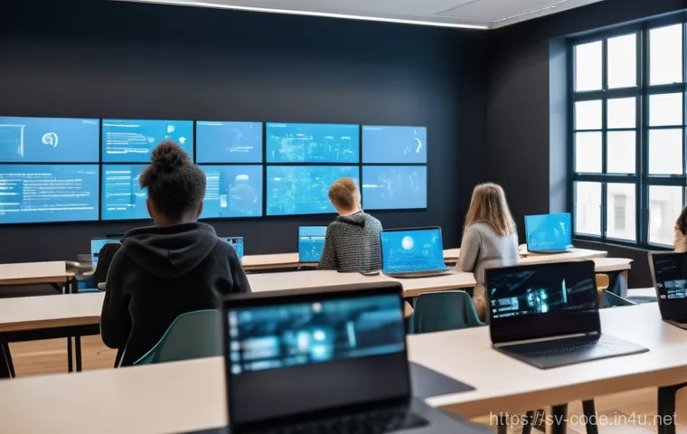 코딩교육지도사와 AI 윤리 교육 - A vibrant and modern digital classroom filled with a diverse group of young adults and teenagers, al...