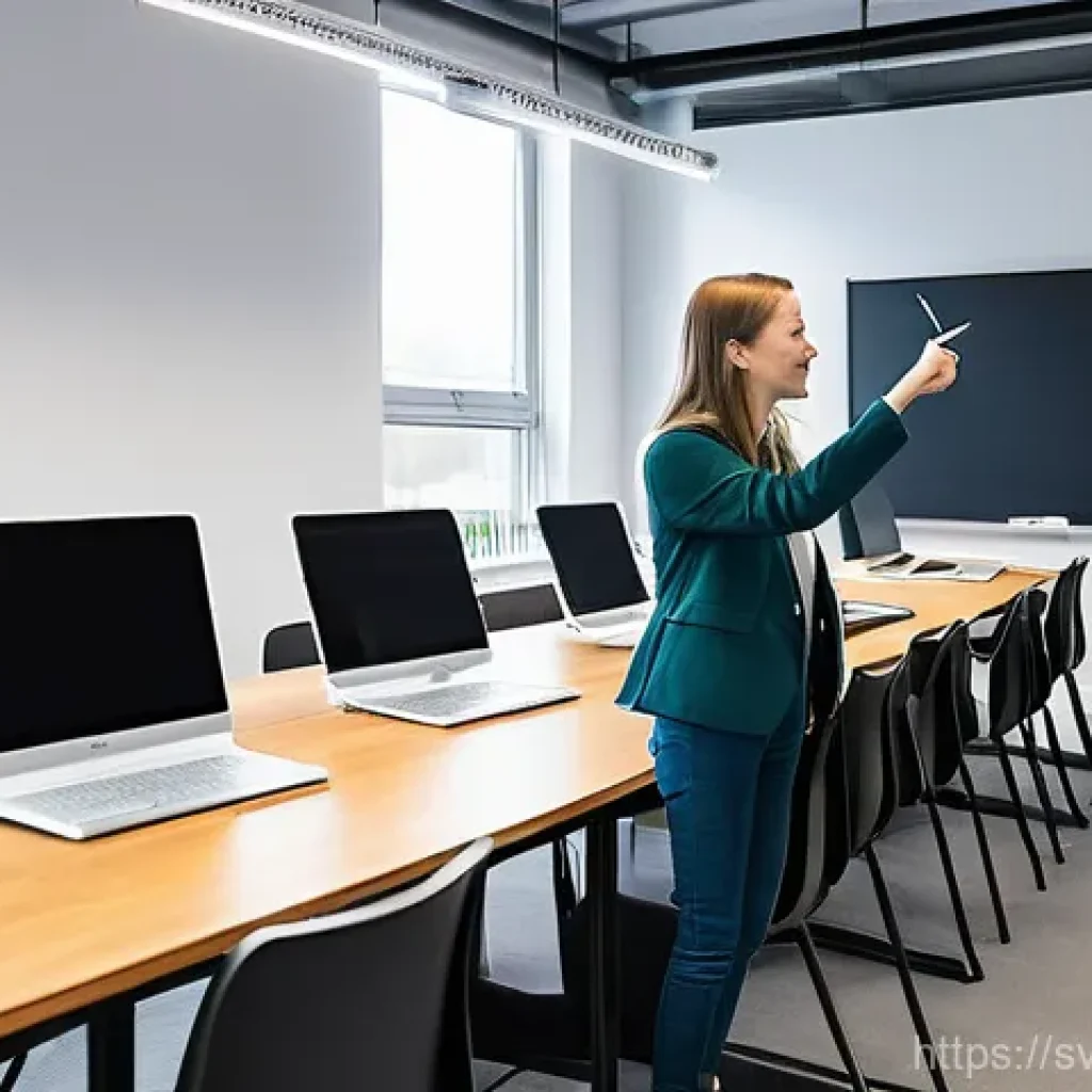 코딩교육지도사와 프리랜서 활동 사례 - **Prompt:** A dynamic and inclusive coding classroom in a modern, Scandinavian-style educational fac...