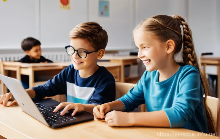 코딩교육지도사와 코딩 교구의 선택 - **A Diverse Group of Children Collaborating on a Coding Project:**
    "A vibrant scene in a modern,...