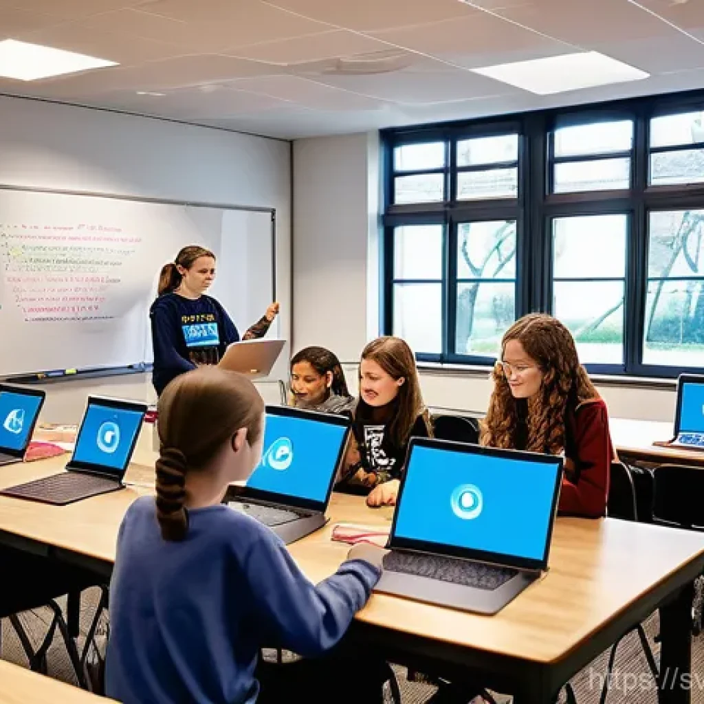 코딩교육지도사 자격증 강의 후기 - **A modern and vibrant coding classroom in a Swedish setting, bustling with diverse students.** A ce...