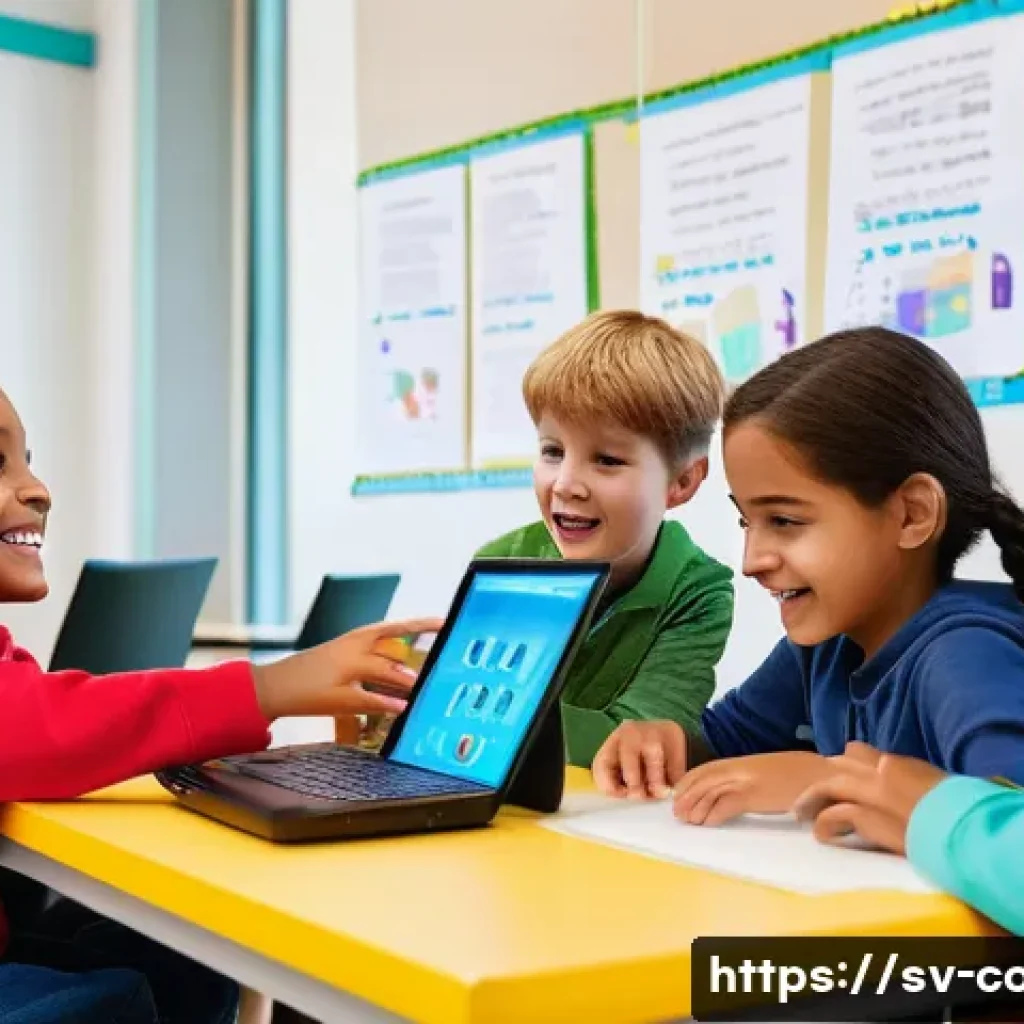 코딩교육지도사와 학습 목표 설정 사례 - **Prompt:** A diverse group of four children, aged 8-10, are enthusiastically gathered around a comp...