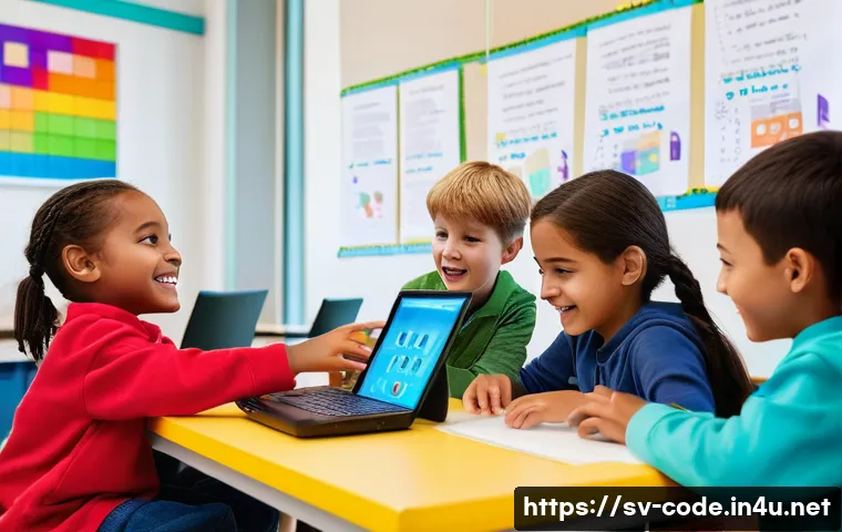 코딩교육지도사와 학습 목표 설정 사례 - **Prompt:** A diverse group of four children, aged 8-10, are enthusiastically gathered around a comp...