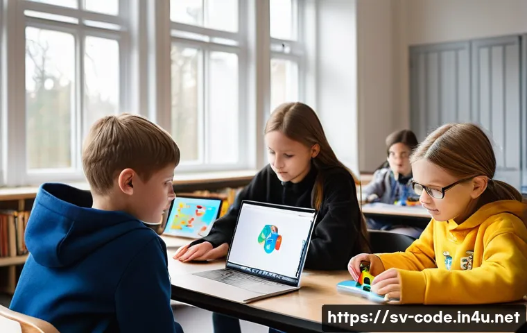 코딩교육지도사와 효과적인 수업 운영 - **Prompt:** A vibrant, brightly lit classroom in a modern Swedish school, filled with diverse childr...