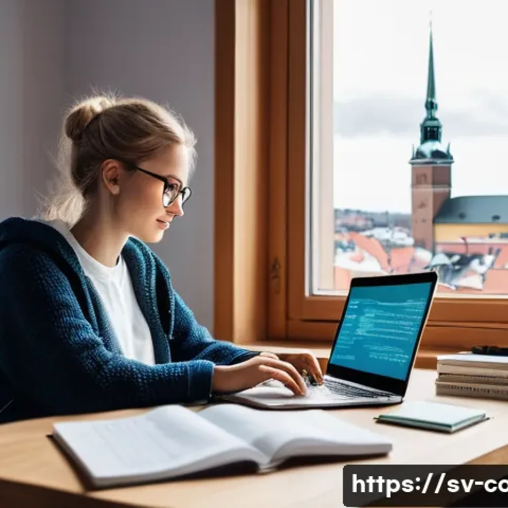 코딩교육지도사 시험 준비 자료 추천 - A cozy Scandinavian home office scene with a young adult woman focused on coding exercises on a lapt...