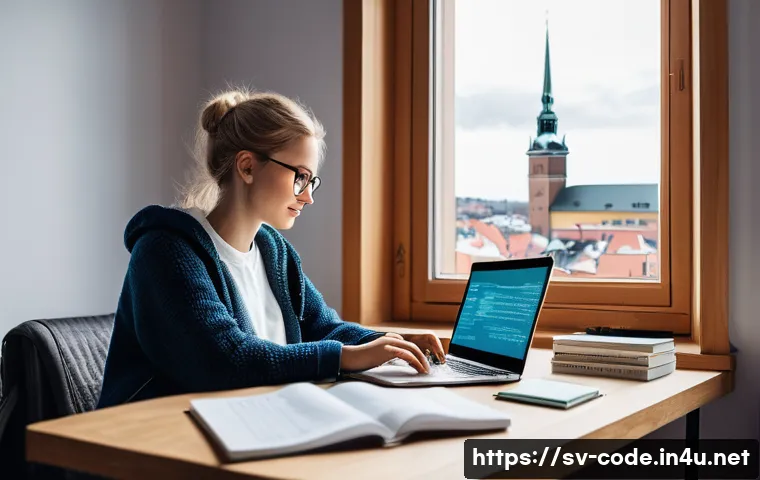 코딩교육지도사 시험 준비 자료 추천 - A cozy Scandinavian home office scene with a young adult woman focused on coding exercises on a lapt...