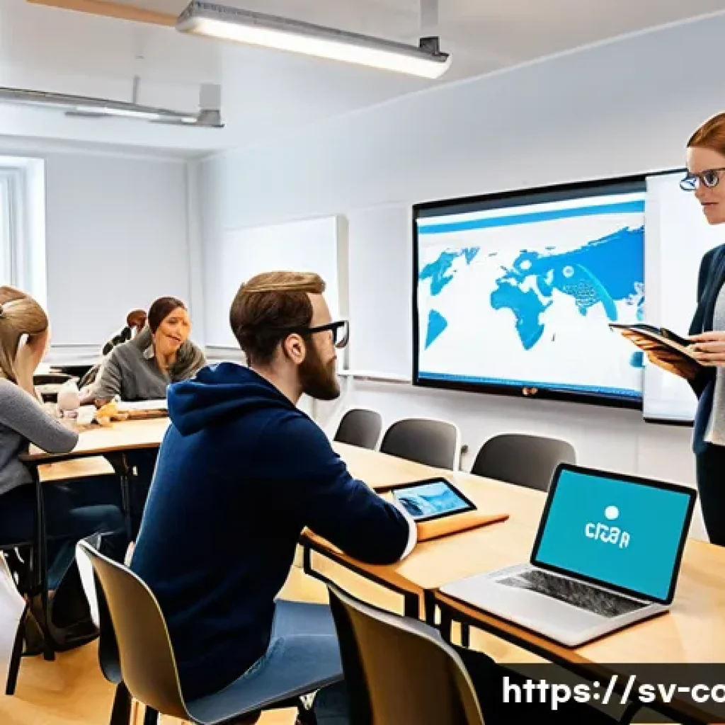 코딩교육지도사와 관련된 최신 교육 정책 - A modern Swedish classroom scene showing a diverse group of teachers attending a professional develo...
