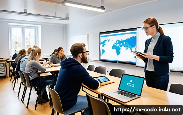 코딩교육지도사와 관련된 최신 교육 정책 - A modern Swedish classroom scene showing a diverse group of teachers attending a professional develo...