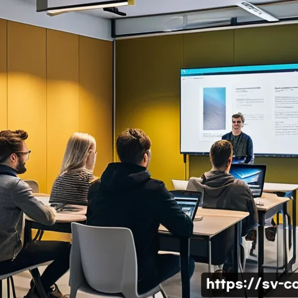 코딩교육지도사 취업 시 면접 질문 모음 - A modern classroom scene in Stockholm with a diverse group of adult students attentively learning pr...