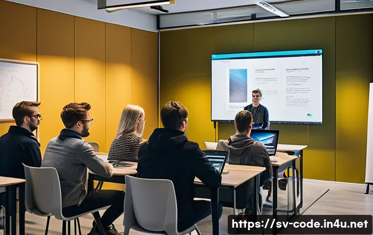 코딩교육지도사 취업 시 면접 질문 모음 - A modern classroom scene in Stockholm with a diverse group of adult students attentively learning pr...