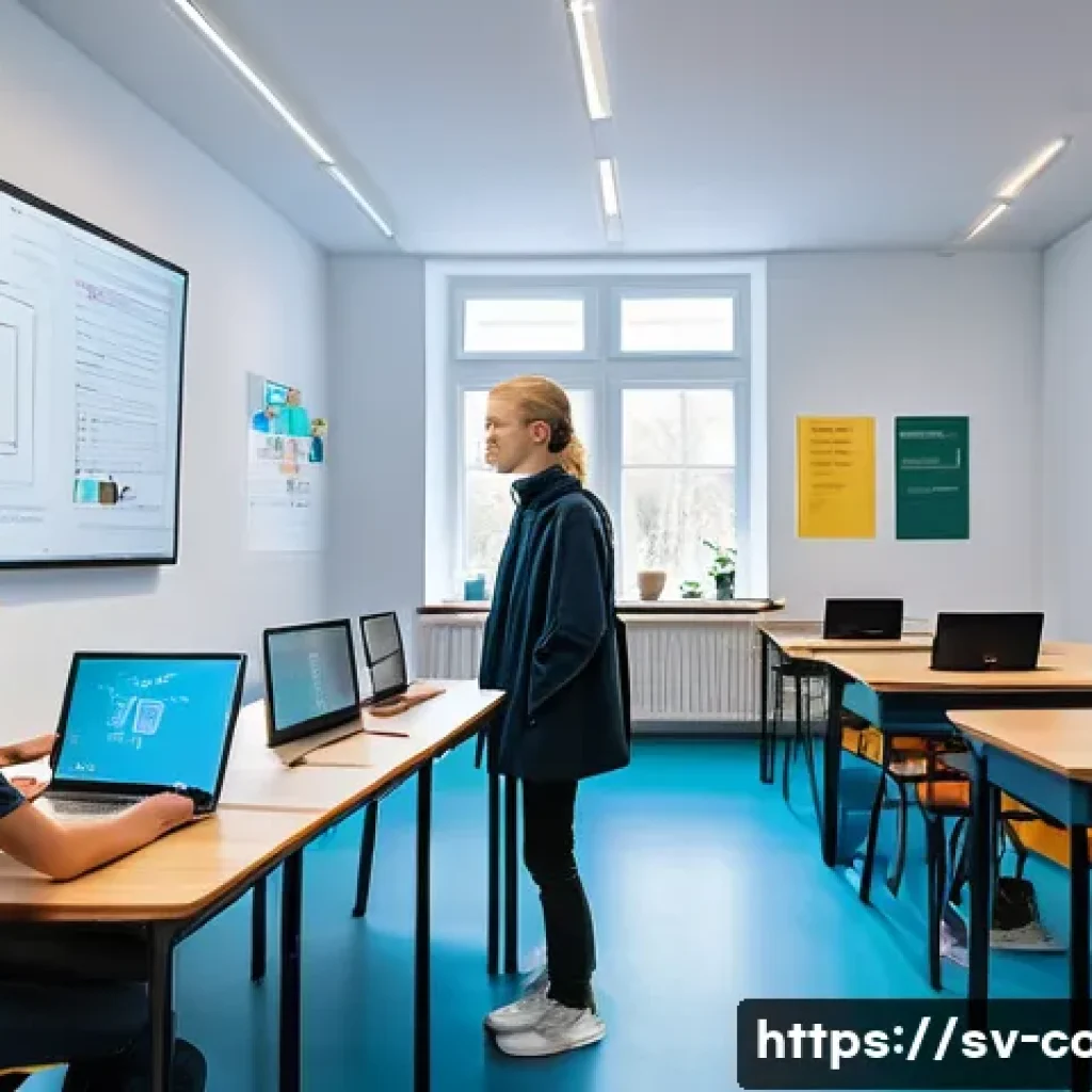 코딩교육지도사와 프로그래밍 대회 지도 경험 - A bright and modern classroom setting in Sweden where a diverse group of teenage students are engage...