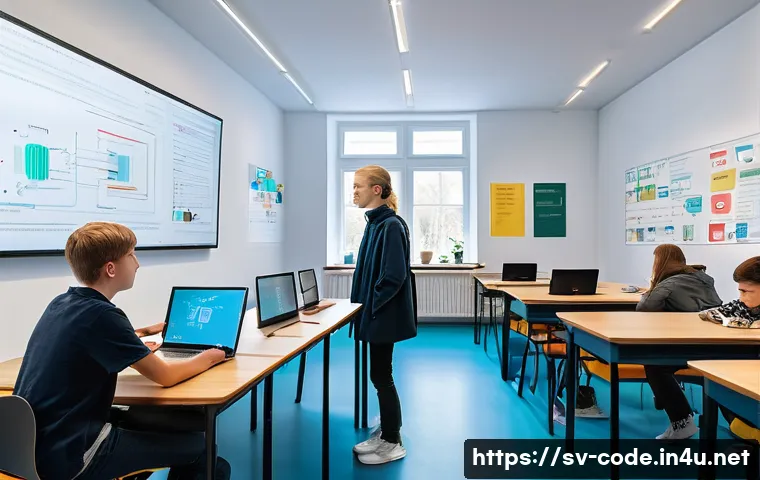 코딩교육지도사와 프로그래밍 대회 지도 경험 - A bright and modern classroom setting in Sweden where a diverse group of teenage students are engage...