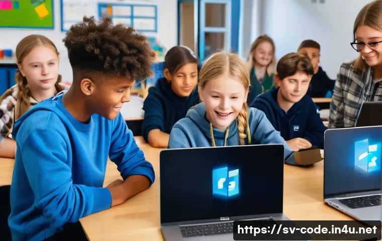코딩교육지도사와 IT 기술 발전의 상관관계 - A modern classroom setting in Sweden where diverse teenagers are engaged in coding lessons using int...