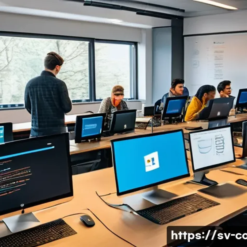 코딩교육지도사와 자격증 합격률 비교 - A modern Swedish tech classroom scene with diverse adult students attentively participating in a hyb...