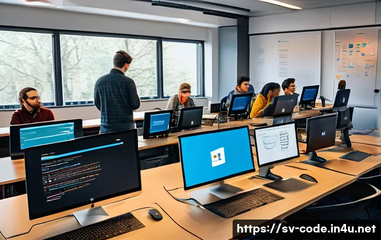 코딩교육지도사와 자격증 합격률 비교 - A modern Swedish tech classroom scene with diverse adult students attentively participating in a hyb...