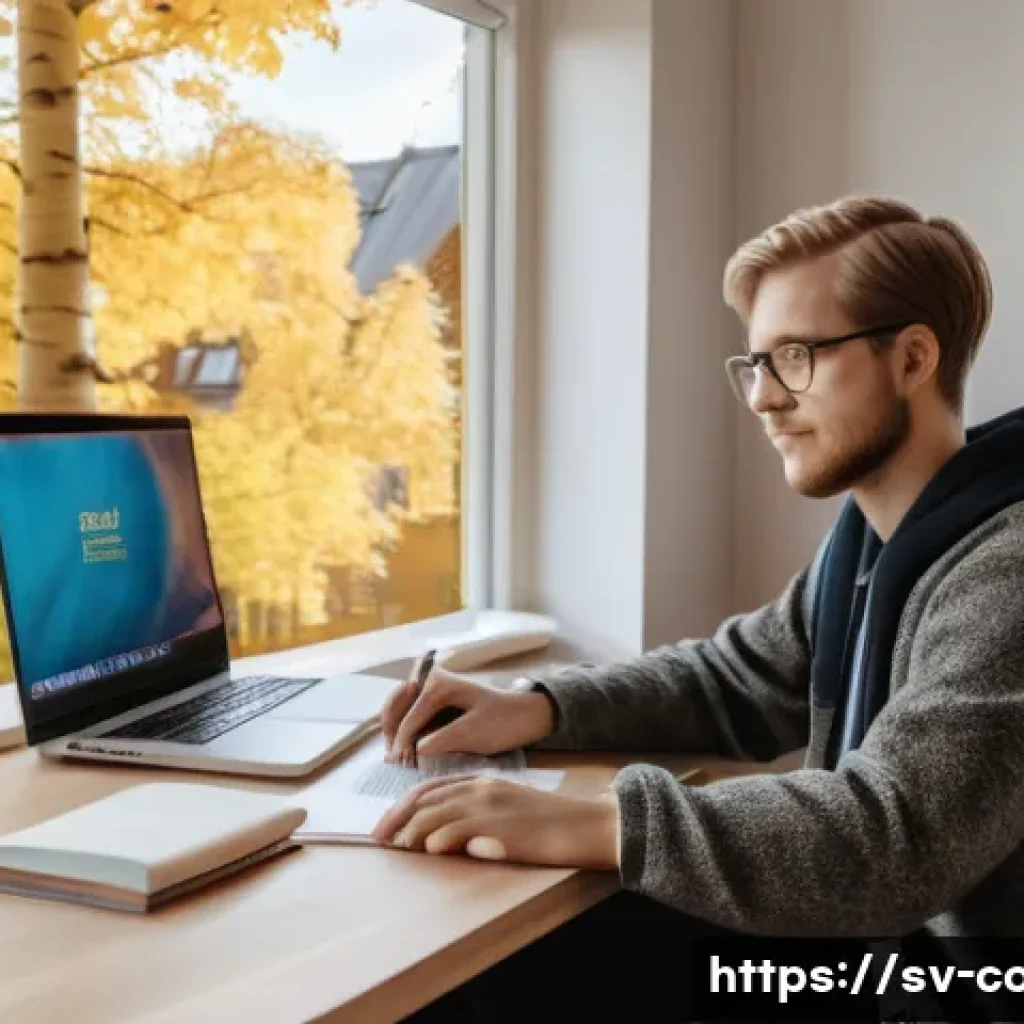 코딩교육지도사와 1대1 맞춤형 강의 사례 - A modern, cozy home office setup for personalized coding tutoring in Sweden, featuring a young adult...