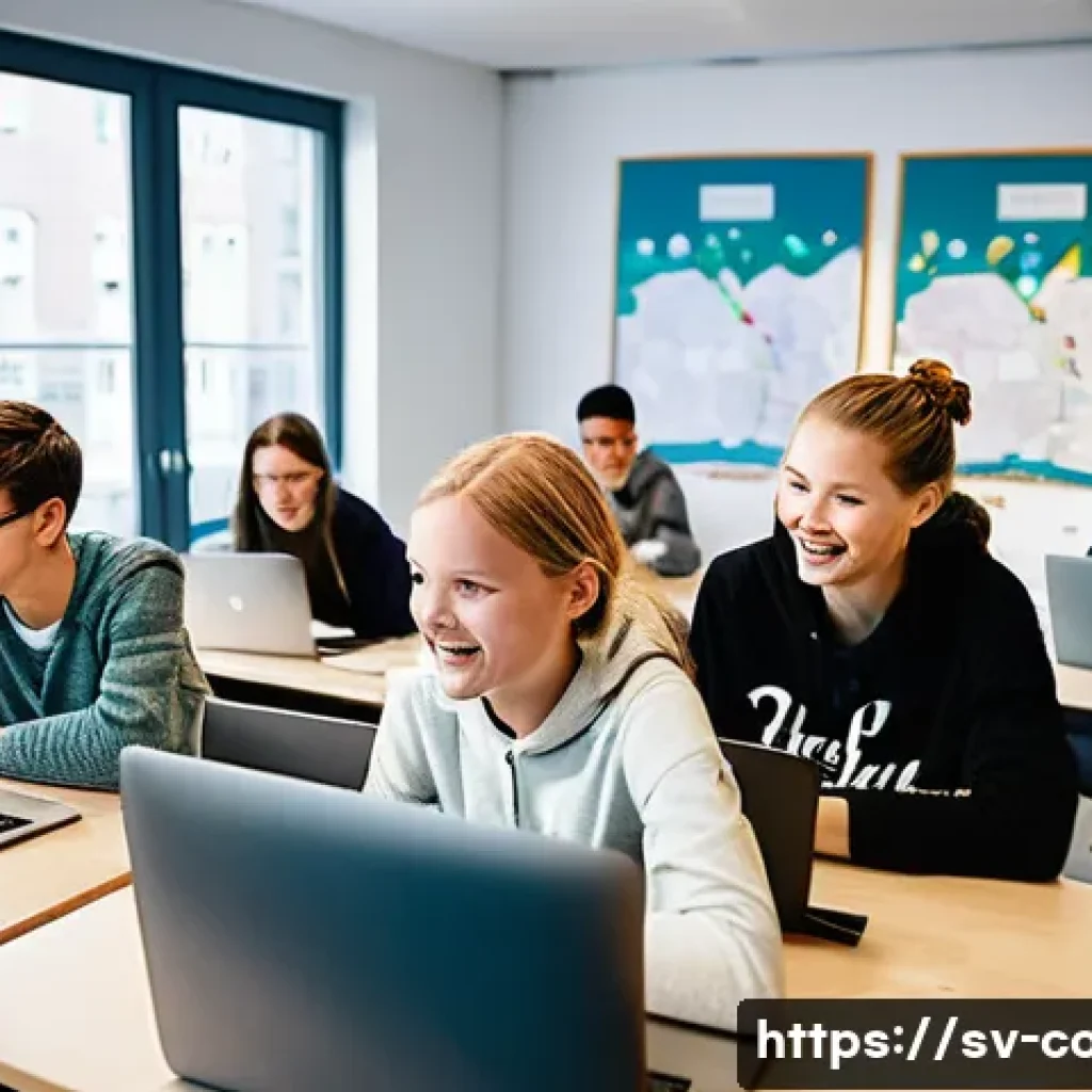 코딩교육지도사와 창의적인 코딩 과제 - A diverse group of Swedish high school students collaborating in a bright, modern classroom filled w...