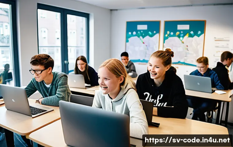 코딩교육지도사와 창의적인 코딩 과제 - A diverse group of Swedish high school students collaborating in a bright, modern classroom filled w...