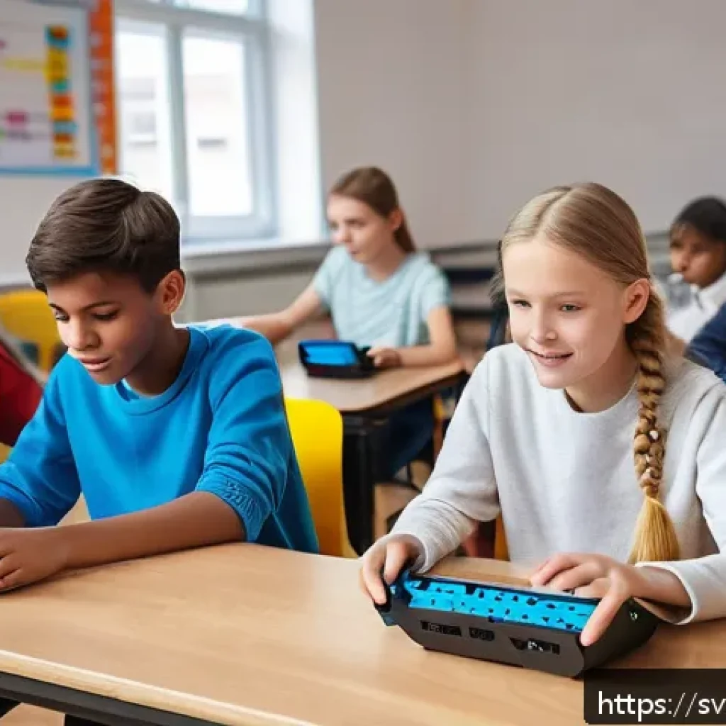 코딩교육지도사와 학습 지원 사례 - A modern Swedish classroom scene showing diverse students aged 10-15 engaged in a project-based codi...