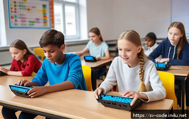 코딩교육지도사와 학습 지원 사례 - A modern Swedish classroom scene showing diverse students aged 10-15 engaged in a project-based codi...