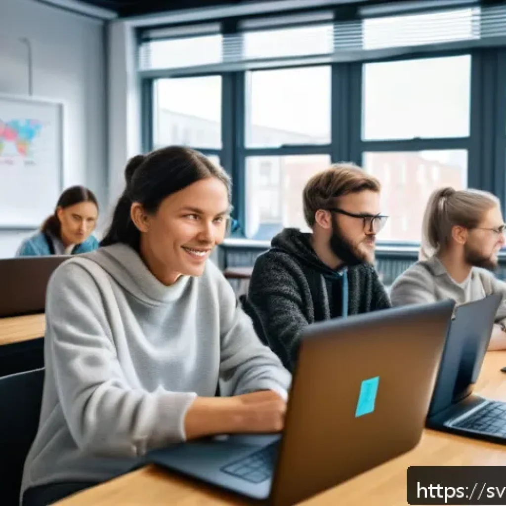 코딩교육지도사 자격증과 국비 지원 연계 - A modern classroom setting in Sweden with a diverse group of adult students attending a coding works...