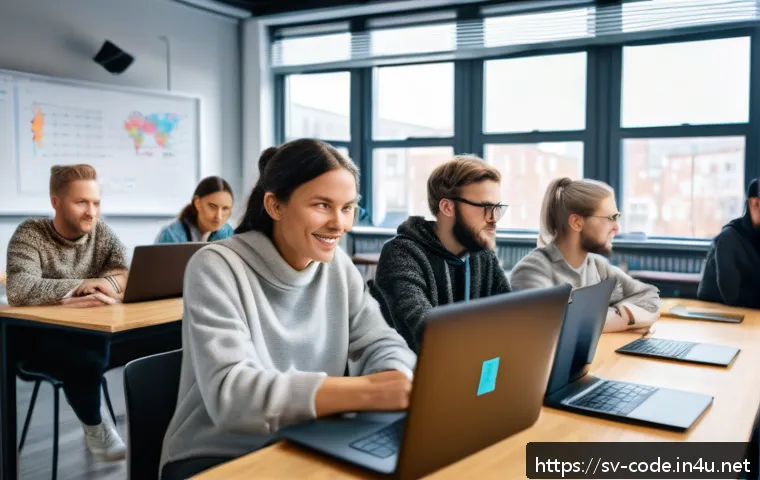 코딩교육지도사 자격증과 국비 지원 연계 - A modern classroom setting in Sweden with a diverse group of adult students attending a coding works...