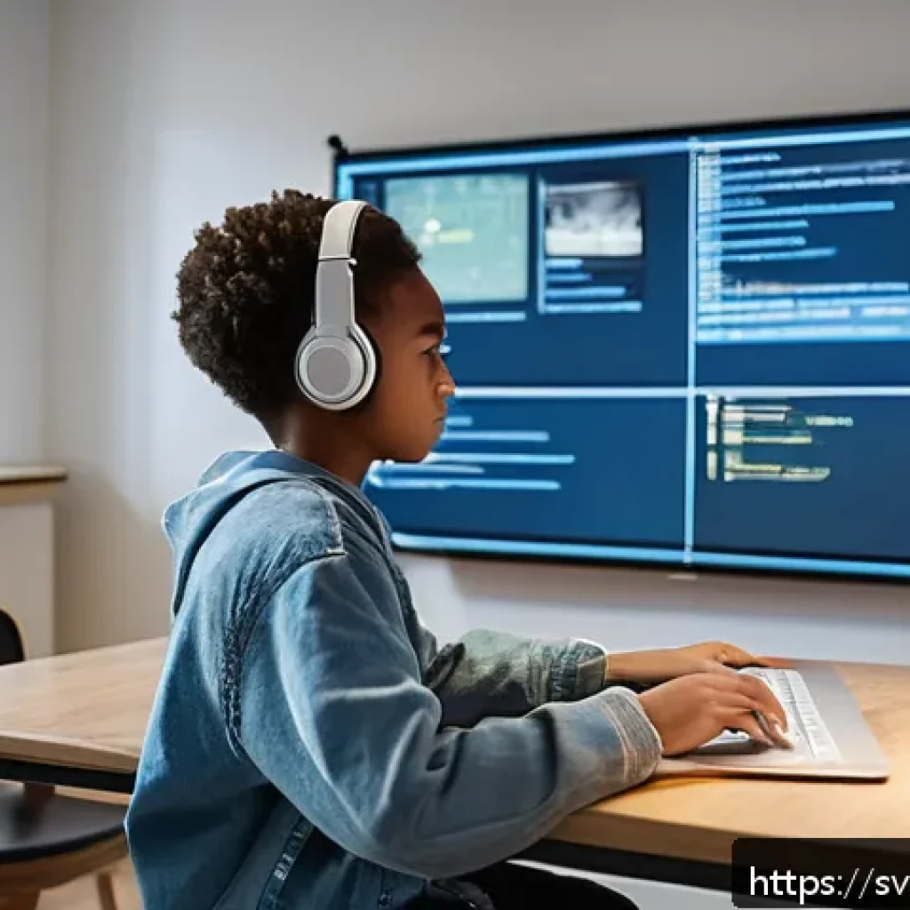 코딩교육지도사와 AI 기술 교육 연계 - A modern Swedish classroom scene where a diverse group of teenagers are engaged in a coding lesson u...