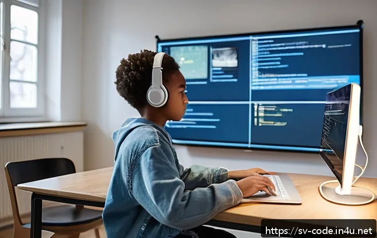 코딩교육지도사와 AI 기술 교육 연계 - A modern Swedish classroom scene where a diverse group of teenagers are engaged in a coding lesson u...