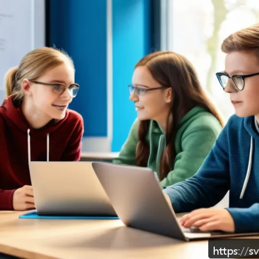 코딩교육지도사와 학습자의 동기 부여 사례 - A modern Swedish classroom scene with a diverse group of teenage students collaborating on coding pr...
