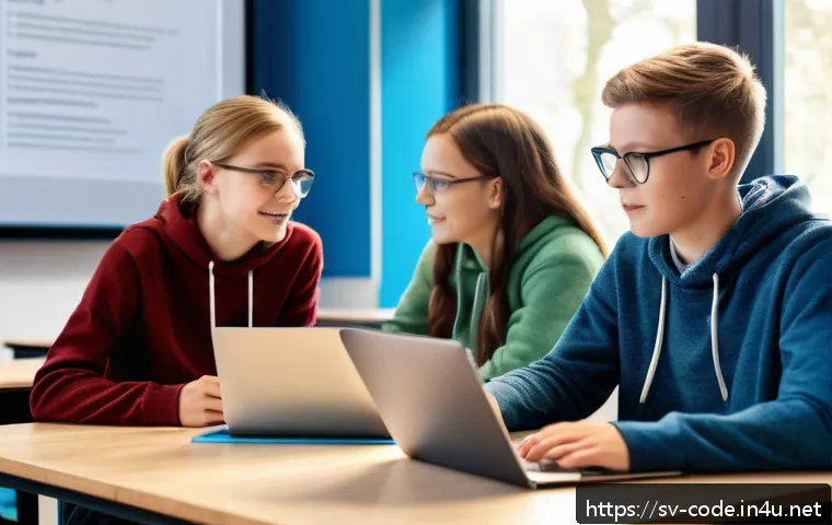 코딩교육지도사와 학습자의 동기 부여 사례 - A modern Swedish classroom scene with a diverse group of teenage students collaborating on coding pr...