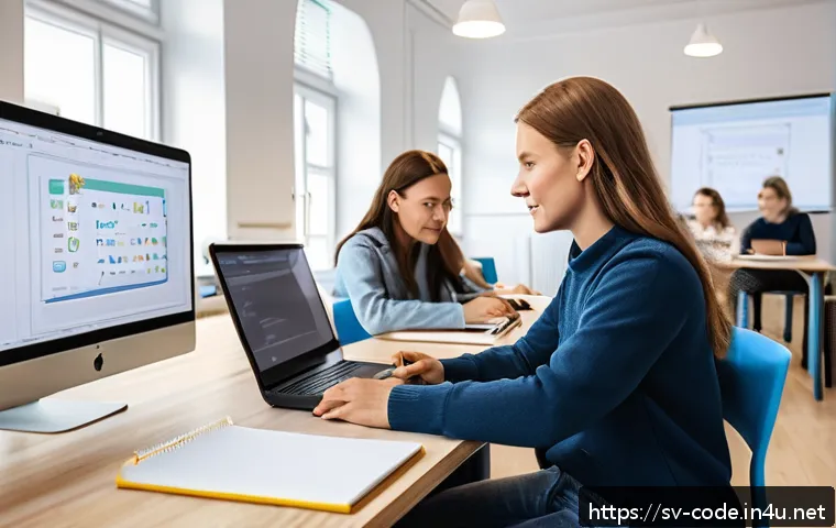 코딩교육지도사 자격증과 해외 인증 비교 - A modern Swedish coding classroom with diverse adult students engaged in a structured programming le...