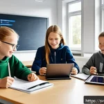 Home 21 코딩교육지도사 업무에서 자주 쓰는 툴 - A vibrant classroom scene in a modern Swedish school featuring diverse students aged around 12-15 en...