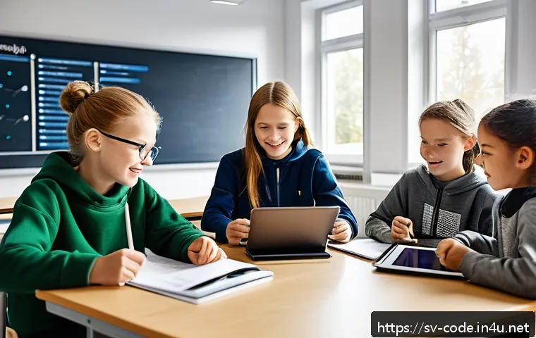 코딩교육지도사 업무에서 자주 쓰는 툴 - A vibrant classroom scene in a modern Swedish school featuring diverse students aged around 12-15 en...